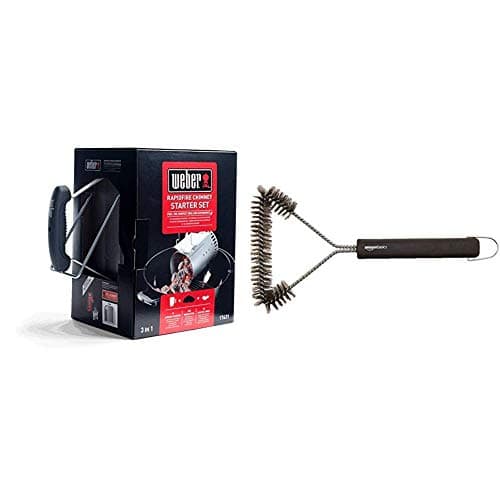 Image of Weber 17631 Chimney Starter Set & Amazon Basics 12-Inch 3-Sided Grill Brush