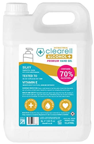 Image of Clearell 5 Litres 70% ALCOHOL 99.9% Antibacterial Moisturising Hand Sanitiser Gel with Viatmin E - 5L - Certified Surgical/Medical Grade - Made in UK (5 Litres)