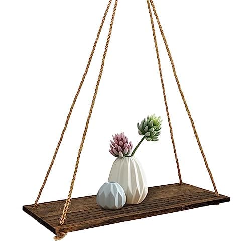 Image of FuninCrea Floating Shelves, 35 * 14 * 1cm Hanging Floating Shelf Wooden Shelf with Swing Rope, Multipurpose Wooden Shelves Rustic Floating Shelves for Bathroom, Kitchen (black)