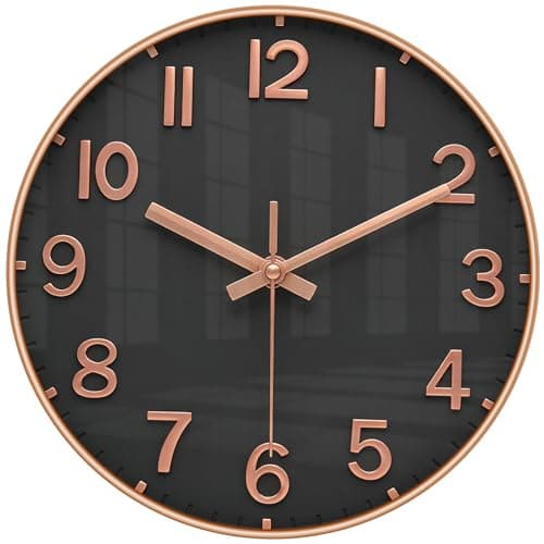 Image of LENAUQ Silent Wall Clock, 12 Inch Battery Operated Non-ticking Arabic Numeral Clock, Round Decorative Clock for Home Kitchen Cafe Hotel Office Decor, Black-Rose Gold