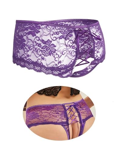 Image of ohyeahlady Womens Hipster Underwear Plus Size Cheeky Panties Sexy Soft Lace French Knickers Comfortable Bikini Briefs Purple Size 12 14
