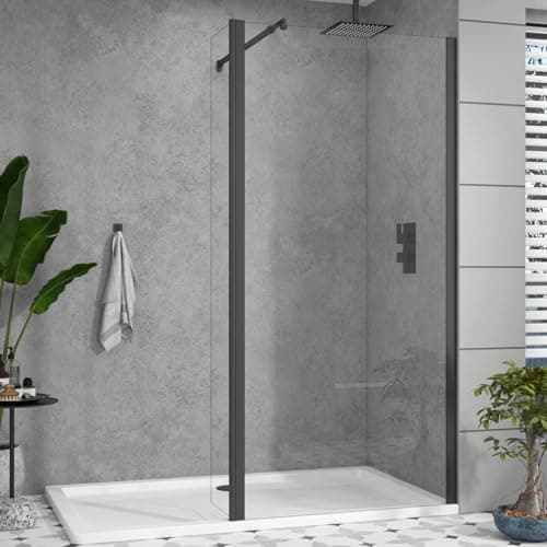 Image of Matt Black 900mm Wet Room Walk in Shower Screen with 300mm Flipper Panel + 8mm Clear Easy Clean Safety Tempered Glass Panel & Black Stainless Steel Support Bars Shower Enclosure Cubicle 1850mm Height