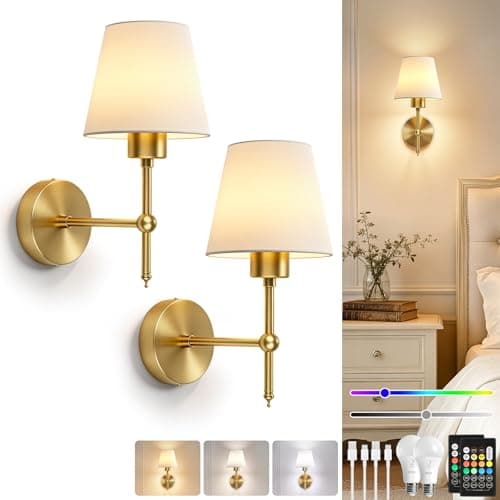 Image of Dehobo Battery Operated Wall Lights Set of 2, Rechargeable LED Wall Sconces with Fabric Shade, Dimmable Wireless Lamp with Remote, 3CCT 12 RGB, Modern Indoor Decor for Bedroom Living Room Hallway