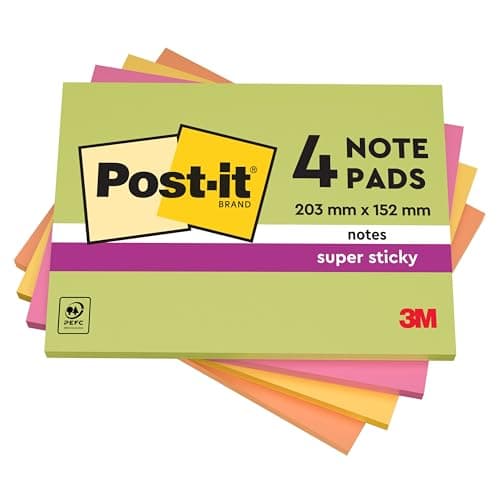 Image of Post-it Super Sticky Large Notes, 180 Sheets, Pack of 4 Pads, 152 mm x 101 mm - Holds Strong to Many Surfaces - Bright Colours - For Walls, Monitors and Fridge, Recycable