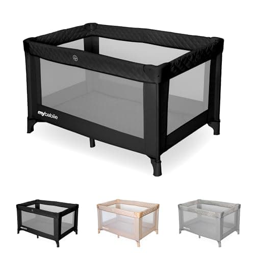 Image of My Babiie Travel Cot - Lightweight, From Birth to 15kg, Easy Fold & Compact, Travel Bag, 120cm x 60cm Padded Mattress - Quilted Black