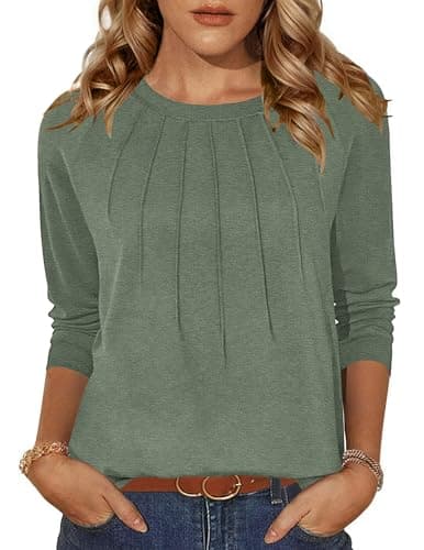 Image of Zeagoo T Shirts for Women UK Long Sleeve Round Neck Tops Casual Pleated Tshirts Lightweight Fall T-Shirts Plain Elegant Long Shirts Green S