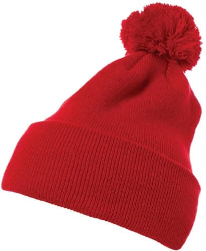 Image of Flexfit Unisex Cuffed Pom Pom Knit Beanie Beanie Hat, Red,