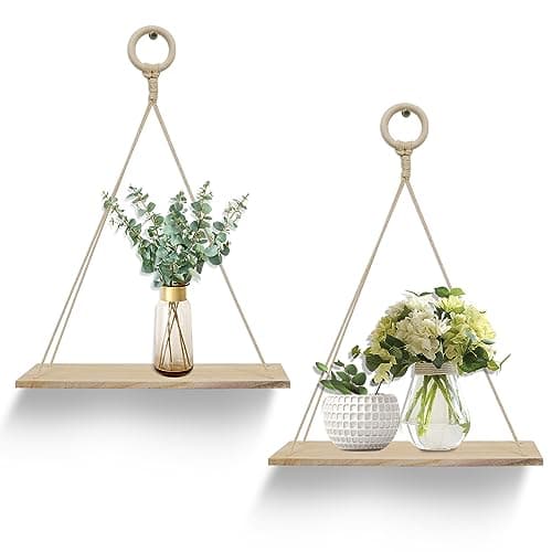 Image of YiYa 2Pcs Rope Hanging Floating Shelves Hanging Shelves for Wall Modern Wall Hanging Shelves Wooden Floating Shelves with String Rope for Living Room Bathroom Bedroom Small Plants Decor