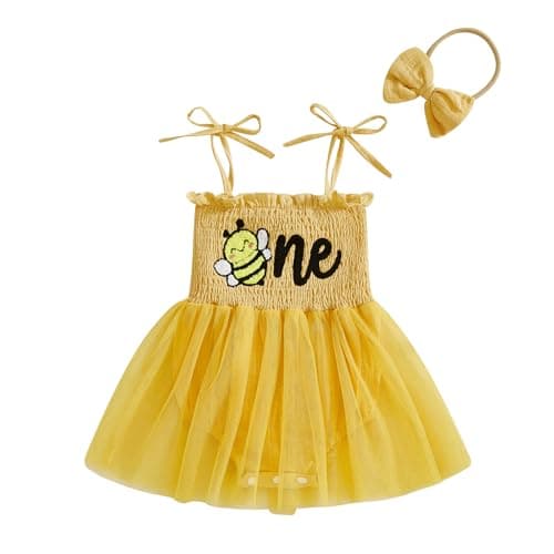 Image of Baby Girl First Birthday Romper Dress with Headband Letters Bee Embroidery Bodysuits Sleeveless Jumpsuit Tulle Tutu Skirt Princess Dress Infant Girls 1st Birthday Outfits (Yellow, 12-18 Months)