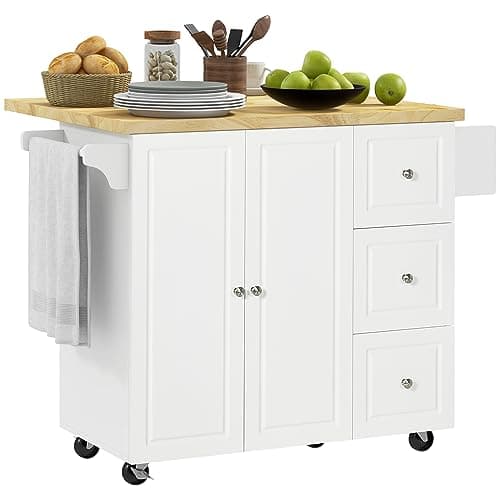 Image of HOMCOM Drop-Leaf Kitchen Island on Wheels Utility Storage Cart with Drawers