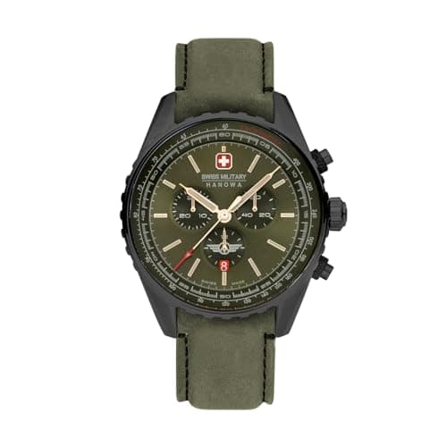 Image of Swiss Military Hanowa Afterburn Chrono Men's Watch with Genuine Leather Strap or Metal Strap Date Sapphire Glass, Green, One Size, Classic