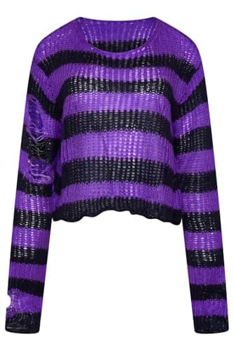 Image of Ro Rox Ryette Cropped Striped Knit Jumper for Women – Distressed Oversized Grunge Gothic Sweater, Long Sleeve Alternative Punk Alt Top Black-Purple