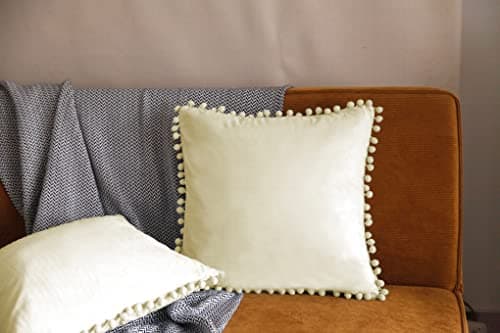 Image of Pagnanno. Set of 2 Soft Velvet Cushion Covers 45x45cm(18x18 Inches) Pom Throw Pillowcases Square Cushion Covers for Chairs,living and bedroom with Invisible Zipper (18"x18" (Pack of 2), Cream)