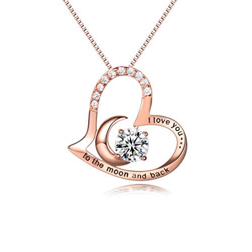 Image of PRETTERY Rose Gold Plated Sterling Silver Necklace I Love You to The Moon and Back Zirconia Heart Pendant Gifts for Women,45+3cm Chain