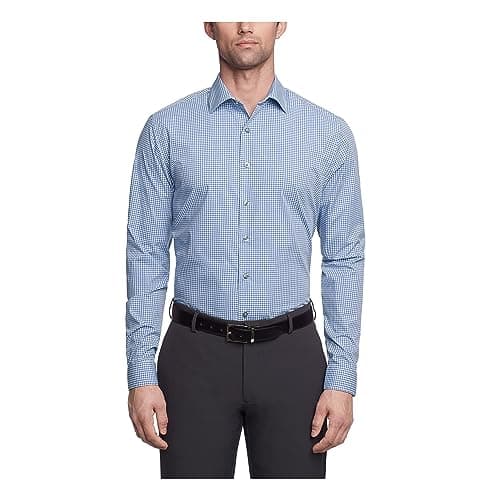 Image of Kenneth Cole Unlisted Men's Dress Shirt Slim Fit Checks and Stripes (Patterned), Medium Blue, 16"-16.5" Neck 36"-37" Sleeve