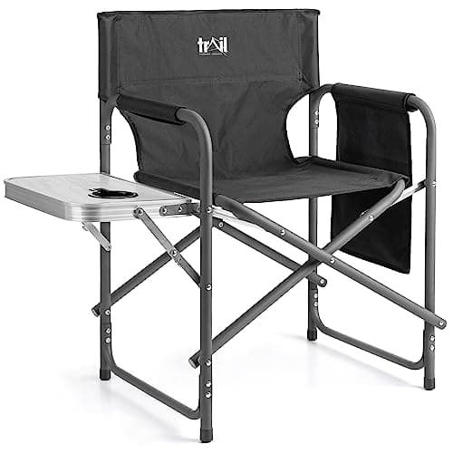 Image of Trail Folding Directors Chair With Side Table, Cup Holder, Storage Pocket, Outdoor Camping Garden Seat, Storage Pocket, Padded Armrests, Heavy Duty Steel Frame,120kg Capacity (Black)