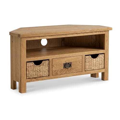 Image of RoselandFurniture Surrey Oak Corner TV Unit with Baskets | Traditional Rustic Waxed 100 cm Solid Wood Television Cabinet Stand Suitable for TVs up to 45 inches for Living Room or Bedroom