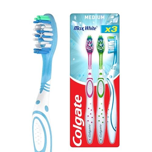 Image of Colgate Max White Toothbrushes - Teeth Whitening Toothbrush with Polishing Star - Medium Manual Toothbrush - Assorted Designs - Adult Toothbrush Multipack - 3 Pack