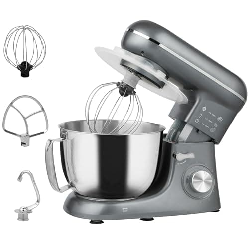 Image of HOMCOM Stand Mixer, 4.5L Food Mixer for Baking, 6 Speeds and Pulse Setting, 1300W Cake Electric Whisk with Dough Hook, Whisk, Stainless Steel Bowl, Splash Guard, Beater, Silver Tone