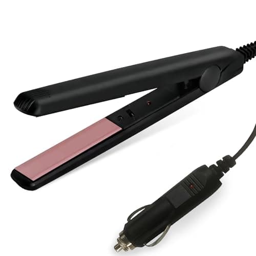 Image of LEPEVNEY 12V Portable Car Hair Styler Travel Hair Straightener Flat Iron Straightening Black & Pink