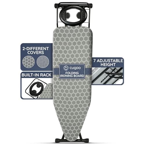 Image of CUQOO Folding Ironing Board – 122x38cm, Adjustable Height (74-91cm), Durable with Safety Lock & Anti-Skid Feet, Includes Silicone Iron Rest & 2 Stylish Covers