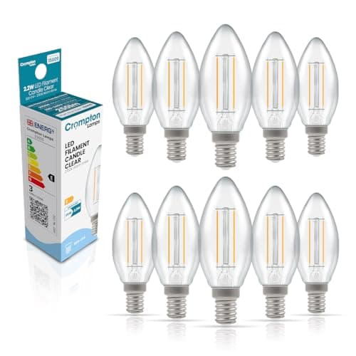 Image of Crompton Lamps Filament Candle LED Light Bulb SES-E14 | 2.2W = 25W Equivalent | Warm White 2700K | Energy Efficient | Small Screw Lightbulb | Long Life 15000-Hrs | Clear Glass | 10-Pack
