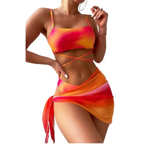 Image of fdsmall Women's Bikini Set Low Waist String Triangle Bikini with Skirt 3 Piece Bikini Swimsuit Tie Dye High-Cut Swimwear Swimming Trunks Orange (UK, Alpha, L, Regular, Regular, Orange)