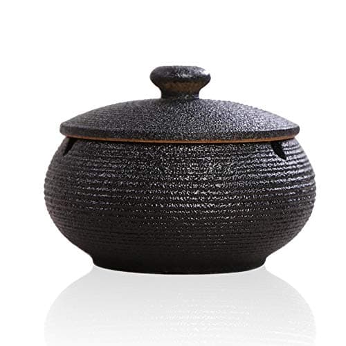 Image of Lependor Ceramic Ashtray with Lids,Windproof,Cigarette Ashtray for Indoor or Outdoor Use,Ash Holder for Smokers,Desktop Smoking Ash Tray for Home Office Decoration - Black