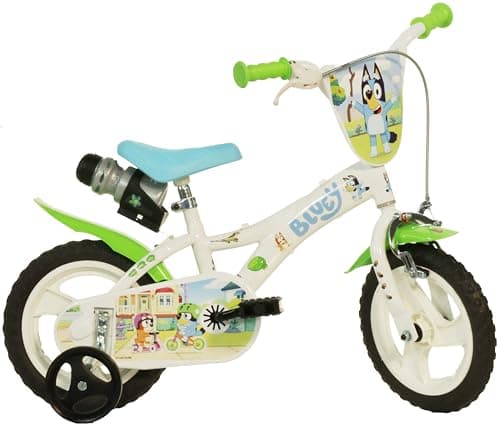 Image of Dino Bikes Bluey 12 Inch Kids Bicycle, White/Blue/Green, Steel Frame, Removable Stabilisers, for Ages 3-5 Years