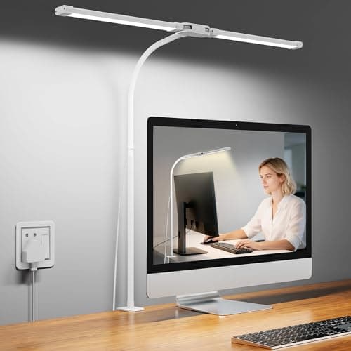 Image of Woputne Desk Lamp with Clamp, Super Wide & Bright, 5 Color Modes x 10 Brightness Levels, 960LM, 5V 2A Adapter, Table Light, Flexible Dual Head Monitor Light for Office, Study, Crafts & Drawing, White