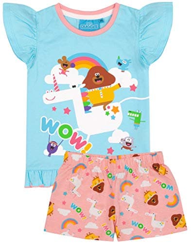 Image of Hey Duggee Cbeebies Pyjamas For Girls | Blue Pink Unicorn Characters PJs With Long Or Short Bottoms | Childrens Frill T-Shirt & Trousers Merchandise