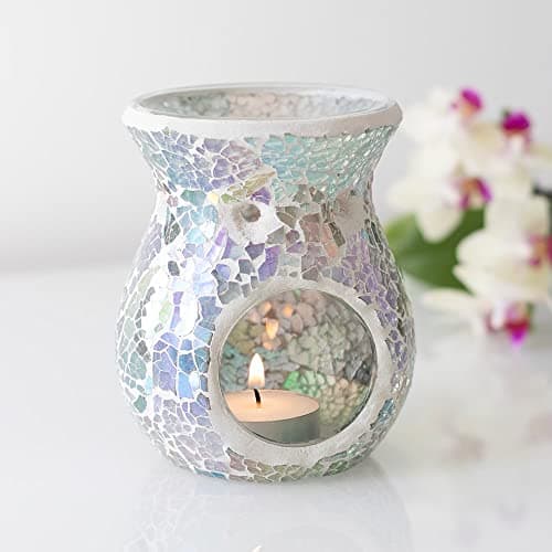 Image of Light Blue Iridescent Crackle Glass Oil Burner- Small, Lustre Mosaic Wax Melt Burner Single Tea Light Candle Holder Aroma Gift Lamp, for Women Men
