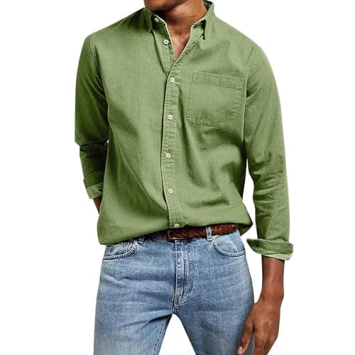 Image of Simple Mens Shirts Long Sleeve, Smart Casual Cowboy Shirts Regular Fit Summer Shirts Button Down Work Office Shirts With Chest Pocket Grandad Collar Shirts Plain Dress Shirt Casual Comfortable Top