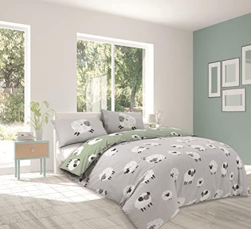 Image of Charlotte Andersen Grey Fluffy Sheep Double Duvet Cover Set Reversible PolyCotton Bedding (GREY, Double)