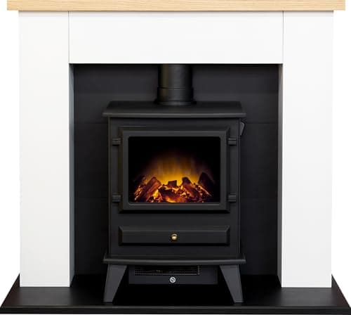 Image of Adam Chester Fireplace in Pure White with Hudson Electric Stove in Black, 39 Inch