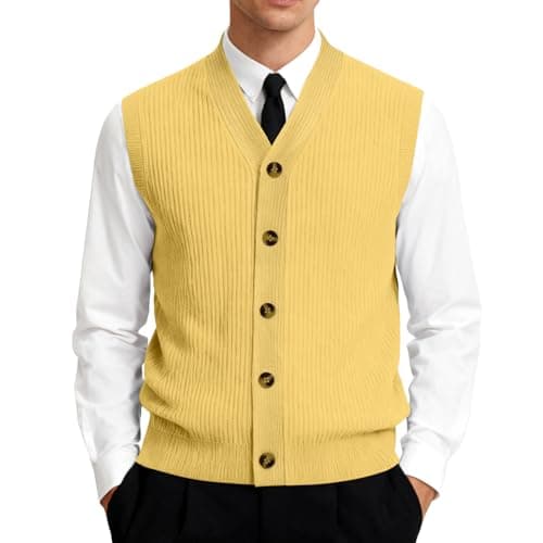 Image of Mens Knitwear Men V-Neck Vest Ribbed Knit Waistcoat Sleeveless Tank Tops Plus Size with Button-Down Jumpers 01-Yellow XL