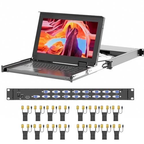 Image of Rack Mount KVM w/15.6'' LCD Monitor, Arvitek 16 Port KVM Switch VGA, Fit 1U 19'' Rack, Suitable for 600-800mm Network Cabinet + 16 VGA KVM Cables