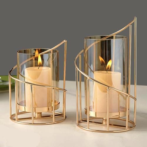 Image of Hurricane Candle Holder & vase Dual-use: Vintage Tealight Holder Decor with Glass Set of 2- Decorative Gold Candle Holder Planter Vase Pot for Pillar Candles Wedding Christmas Dining Table Centerpiece