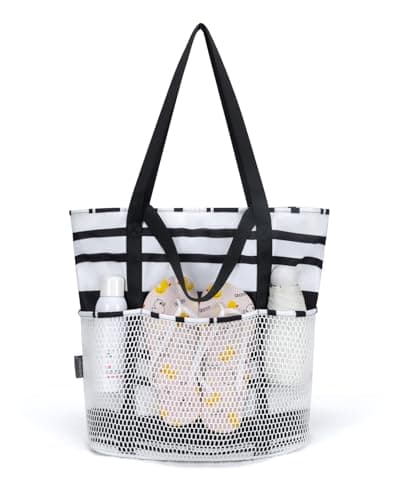 Image of KABAQOO Beach Bag with Zip and Pockets Small Beach Tote Bags for Women with Compartments and Key Chain Foldable Shopping Bag Pool Bag, Black White Stripes