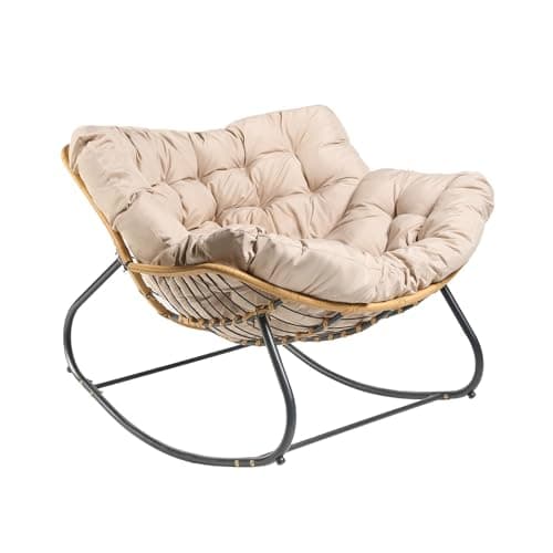Image of OHS Rocking Chair for Outdoors Rattan Wicker Metal Frame Patio Garden Rocking Chair with Cushioned Seat Relaxing Home Modern Comfy Oversized Egg Chairs - Bali, Natural