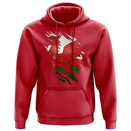 Image of Wales Rugby Gifts, Wales Flag Torn, Welsh Gift, Hoodie with Front Pocket, Welsh Hoodie, Medium - Mens, Red