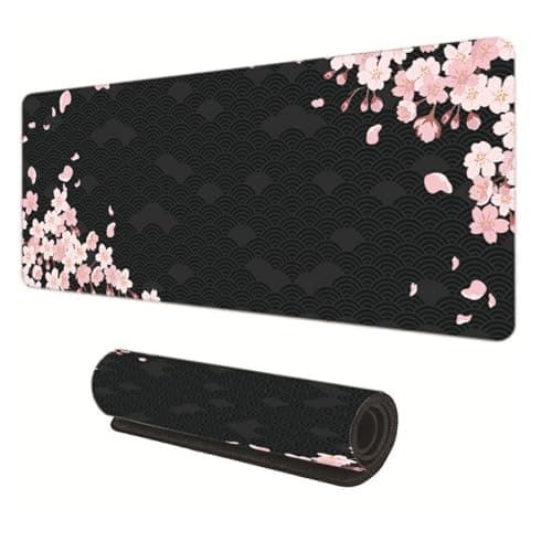 Image of Gaming Mouse Pad 800x300mm Large Gaming Mouse Mat with Stitched Edges, Japanese Cherry Blossom Keyboard Desk Pad, Comfortable Mousepad with Non-Slip Rubber Base (Black)