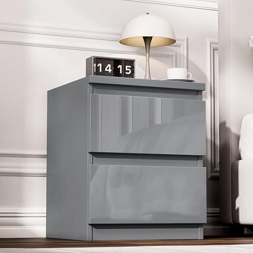 Image of Blisswood High Gloss Chest of Drawer, 2 Drawer Bedroom Chest of Drawer Bedside Table Cabinet for Bedroom Living room Furniture (Grey, 42W x 40D x 55H cm)