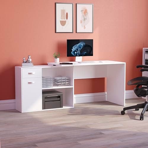 Image of Vida Designs Longton Adjustable, L-Shaped Computer Desk with Shelves, Drawer and Door, Home Office PC/Laptop Table, Gaming Study Workstation, Furniture, White