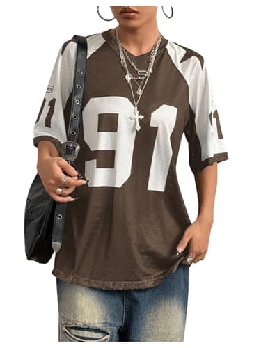 Image of GORGLITTER Women's Letter Graphic Colorblock Oversized T Shirts V Neck Half Sleeve Jersey Tops Coffee Brown Large