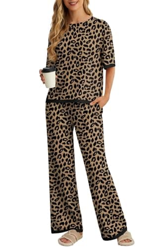 Image of PrinStory Pyjamas For Women UK Summer Short Sleeve Pajamas Crew Neck Nightwear Colour Clashing Side Split Loungewear Sets (Fp-Leopard Khaki, S)