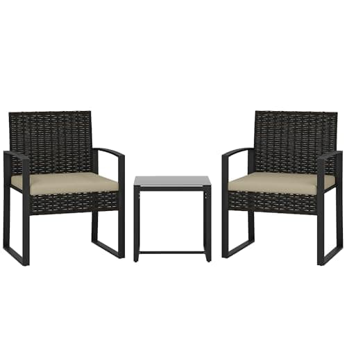 Image of Outsunny 3 Piece Rattan Bistro Set, PE Wicker Garden Furniture Conversation Set, Tempered Glass Bistro Table and Chairs with Cushions for Patio, Balcony, Porch, Khaki