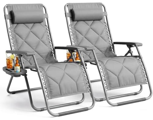 Image of KEPLIN Set of 2 XXL Premium Heavy Duty Padded Diamond Zero Gravity Chairs - Luxurious Garden Recliners, Adjustable Headrest, Cup & Phone Holder, Foldable, Patio Sun Loungers - 150kg Weight Capacity
