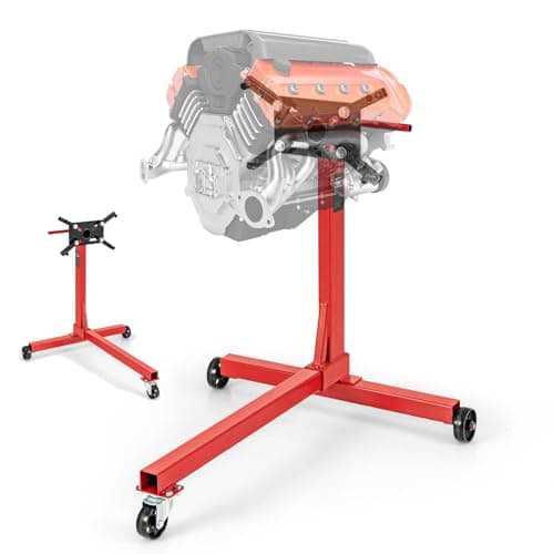 Image of TANGZON 360° Rotating Engine Stand, Motor Stand with Casters, Non-slip Handle & 4 Adjustable Arms, Heavy-Duty Metal Engine Hoist Holder Lift for Garage Auto Repair (Red, 750LBS, T-Shaped Base)