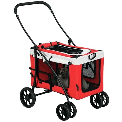 Image of PawHut Dog Pram Dog Stroller Pet Pushchair with Detachable Carrier Soft Padding, Safety Leashes, for Mini and Small Dogs - Red